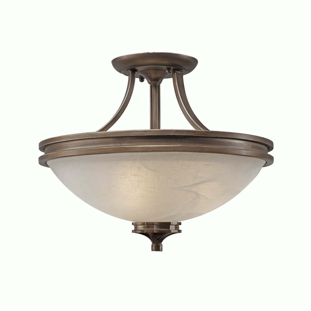 Three Light Silvered Taupe Glass: Marbelized Linen Glass Bowl Semi-Flush Mount