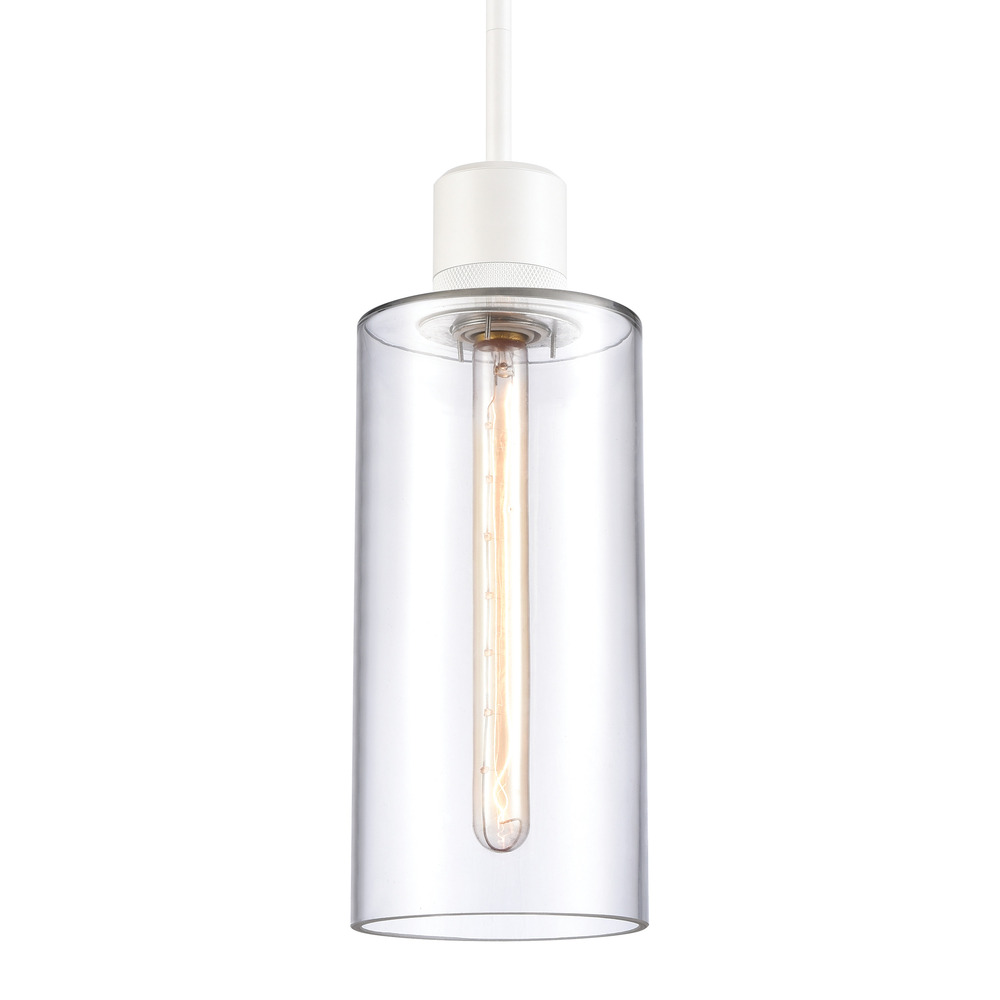 6" E26 Cylindrical Drum Pendant Light, 12" Clear Glass and Matte White Metal Finish