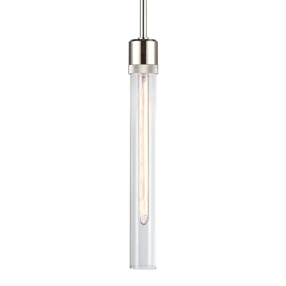 3" E26 Cylindrical Pendant Light, 18" Clear Glass and Polished Nickel Finish